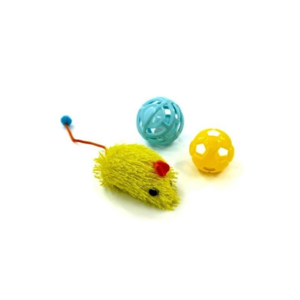 HIPPIE PET Набір іграшок для котів Мишка та два м'ячика, жовтий і синій 3 шт
