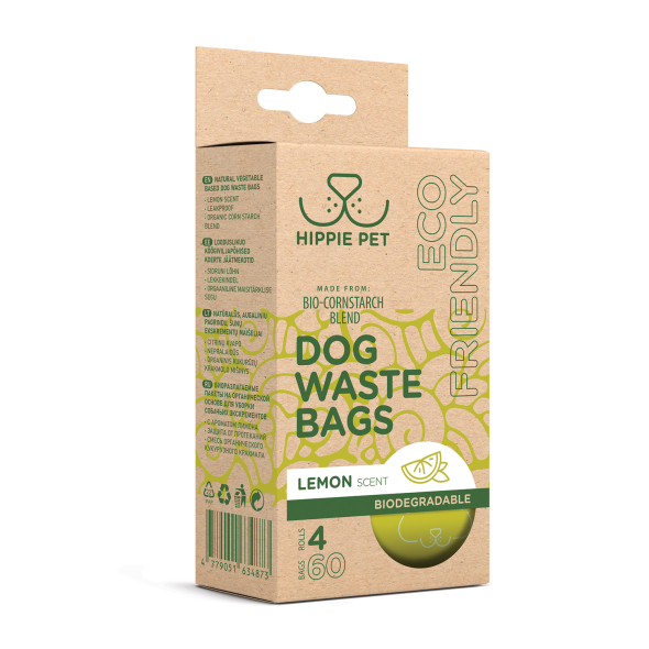 HIPPIE PET Біорозкладні пакети для прибирання за тваринами, з ароматом лимона, 4х15 шт.