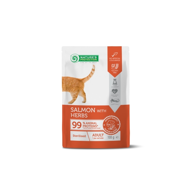 Nature’s Protection Adult cats Sterilised Salmon with Herbs Вологий корм для стерилізованих котів з лососем і травами, 100 г