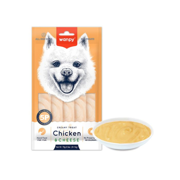 Wanpy Creamy Lickable Treat Chicken &amp; Cheese Кремові ласощі з курятиною та сиром для собак, 5 шт. х 14 г