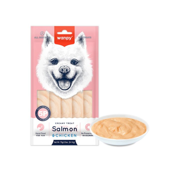 Wanpy Creamy Lickable Treat Salmon &amp; Chicken Кремові ласощі з лососем і курятиною для собак, 5 шт. х 14 г