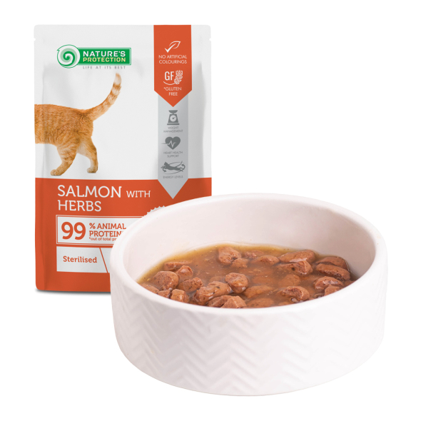 Nature’s Protection Adult cats Sterilised Salmon with Herbs Вологий корм для стерилізованих котів з лососем і травами, 100 г - 6