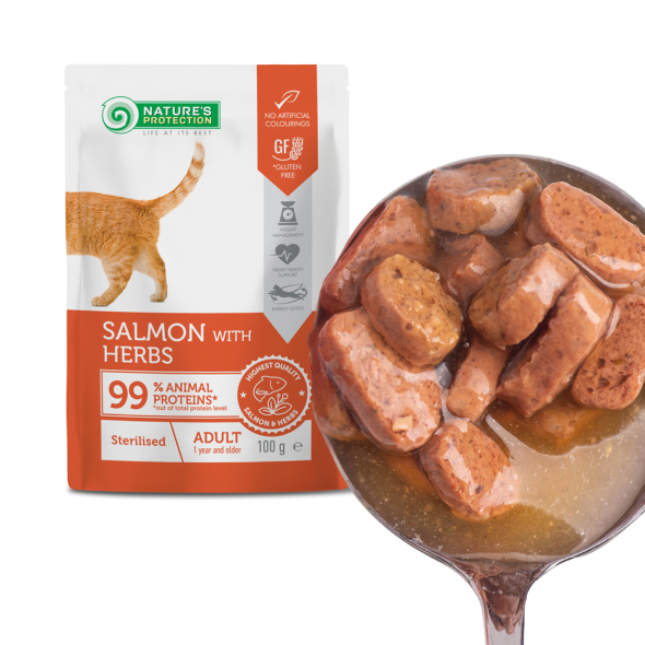 Nature’s Protection Adult cats Sterilised Salmon with Herbs Вологий корм для стерилізованих котів з лососем і травами, 100 г - 7