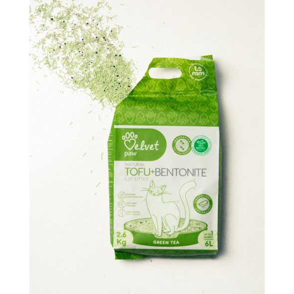 VELVET PAW TOFU Наповнювач для котячих туалетів з бентонітом та екстрактом зеленого чаю, гранули 1,5 мм, 6 л/2,6 кг - 2