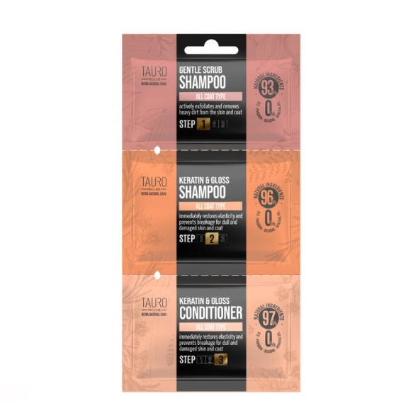 Tauro Pro Line Ultra Natural Care Keratin &amp; Gloss + Gentle Scrub набір пробників шампунів і кондиціонера для собак і кішок