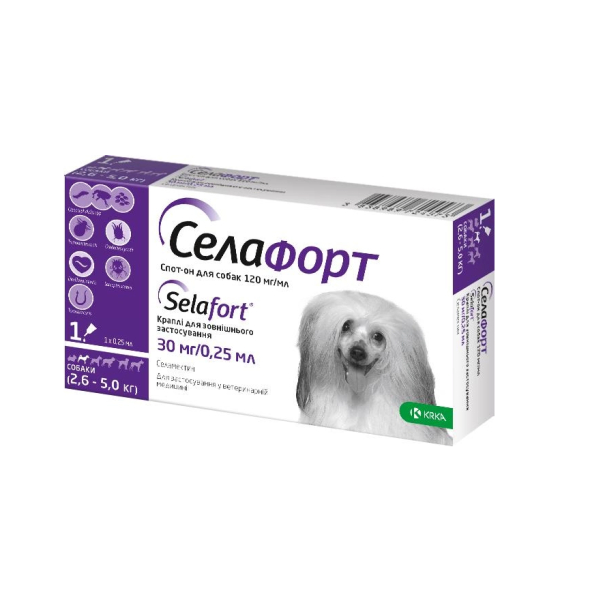 Селафорт Спот-он Краплі від бліх, кліщів і глистів для собак вагою від 2,6 до 5 кг, 30 мг/0,25 мл, 1 піпетка