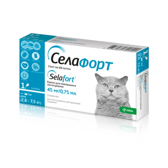 Селафорт Спот-он Краплі від бліх, кліщів і глистів для котів вагою від 2,6 до 7,5 кг, 45мг/0,75мл, 1 піпетка
