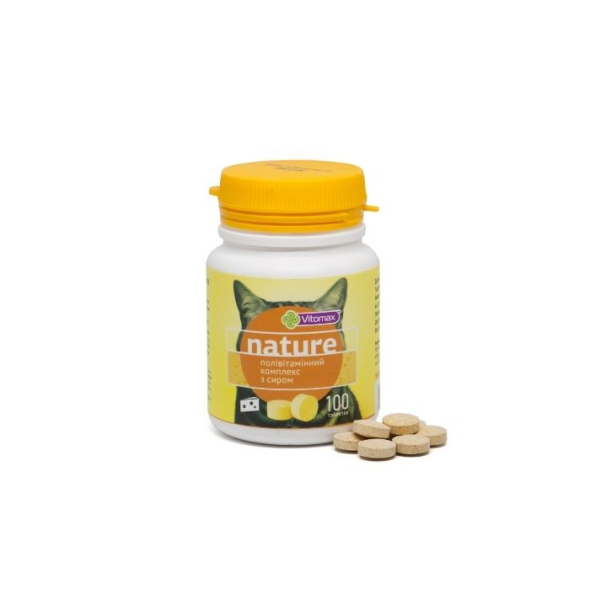 Vitomax Nature Полівітамінний комплекс зі смаком сиру для котів, 100 таблеток - 1